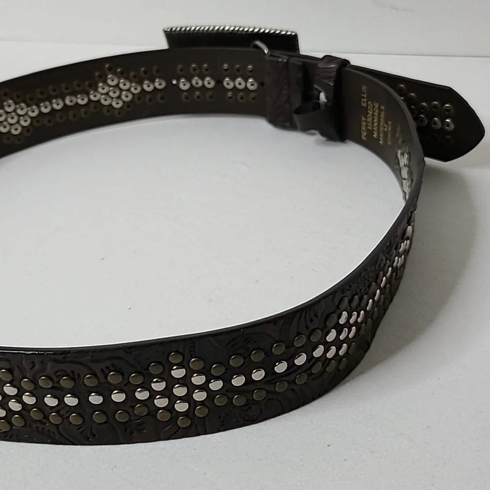 Vintage Y2K Perry Ellis Western Belt Embellished Scroll Design Faux Leather Brwn